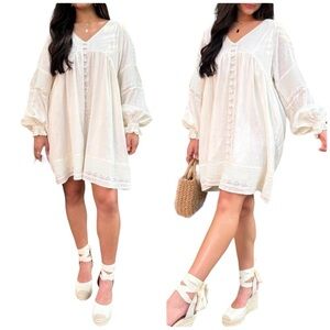 Mable Jocelyn Linen Pintuck Off-white Button Front Relaxed Fit Boho Short Dress